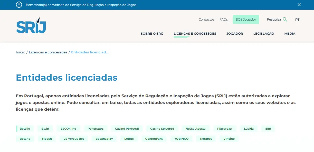 Página oficial do SRIJ com o registo de entidades licenciadas para jogos e apostas online em Portugal