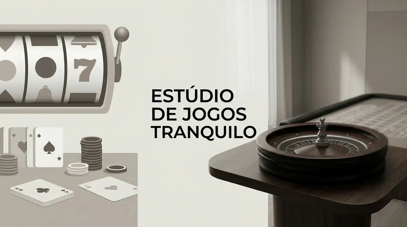 Mesa de roleta numa sala de estúdio com luz suave, ao lado de objetos que representam jogos de mesa e máquinas de slots