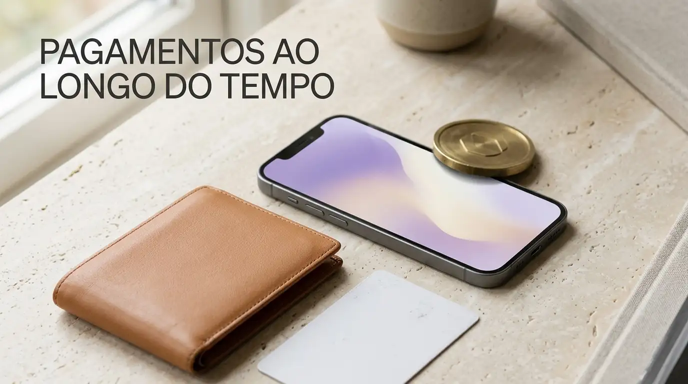 Cartão bancário sem inscrições, telemóvel e representação abstrata de uma moeda digital sobre uma mesa